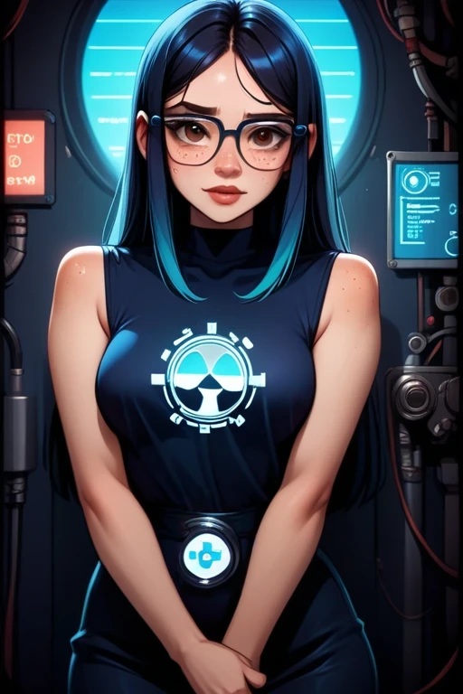 tall asian-caucasian woman; 31 years old; long black hair with blue highlights; almond-shaped brown eyes; pale Caucasian skin with freckled cheeks; slender build; perky breasts; form-fitting casual dress; wearing thick black-rimmed square glasses; working with hologram advertising; futuristic; dystopian; cyberpunk; Disney-style, CGI; best quality; high definition; trending on artstation; complex volumetric lighting;