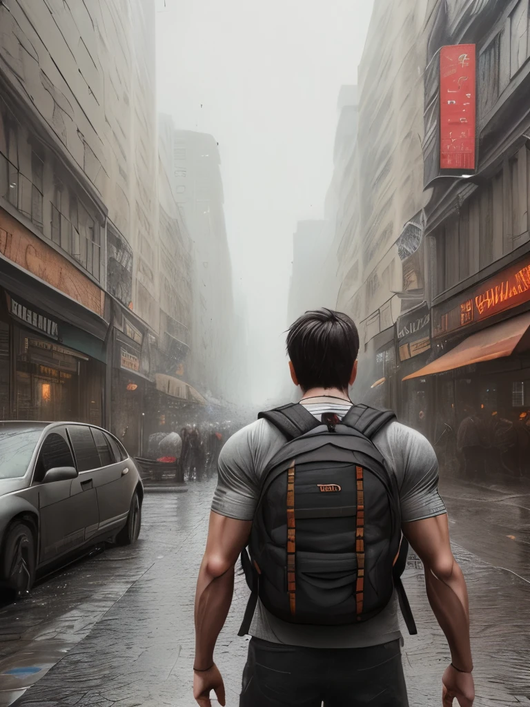 The man has strong muscles., Angry Streets, backpack, realistic epic, photograph, Faded, Things are complicated around you., complex background, soaking wet, Neutral colors, ((((HDR)))), ((((muted colors)))), Complex scenes, art station, complicated details, short article