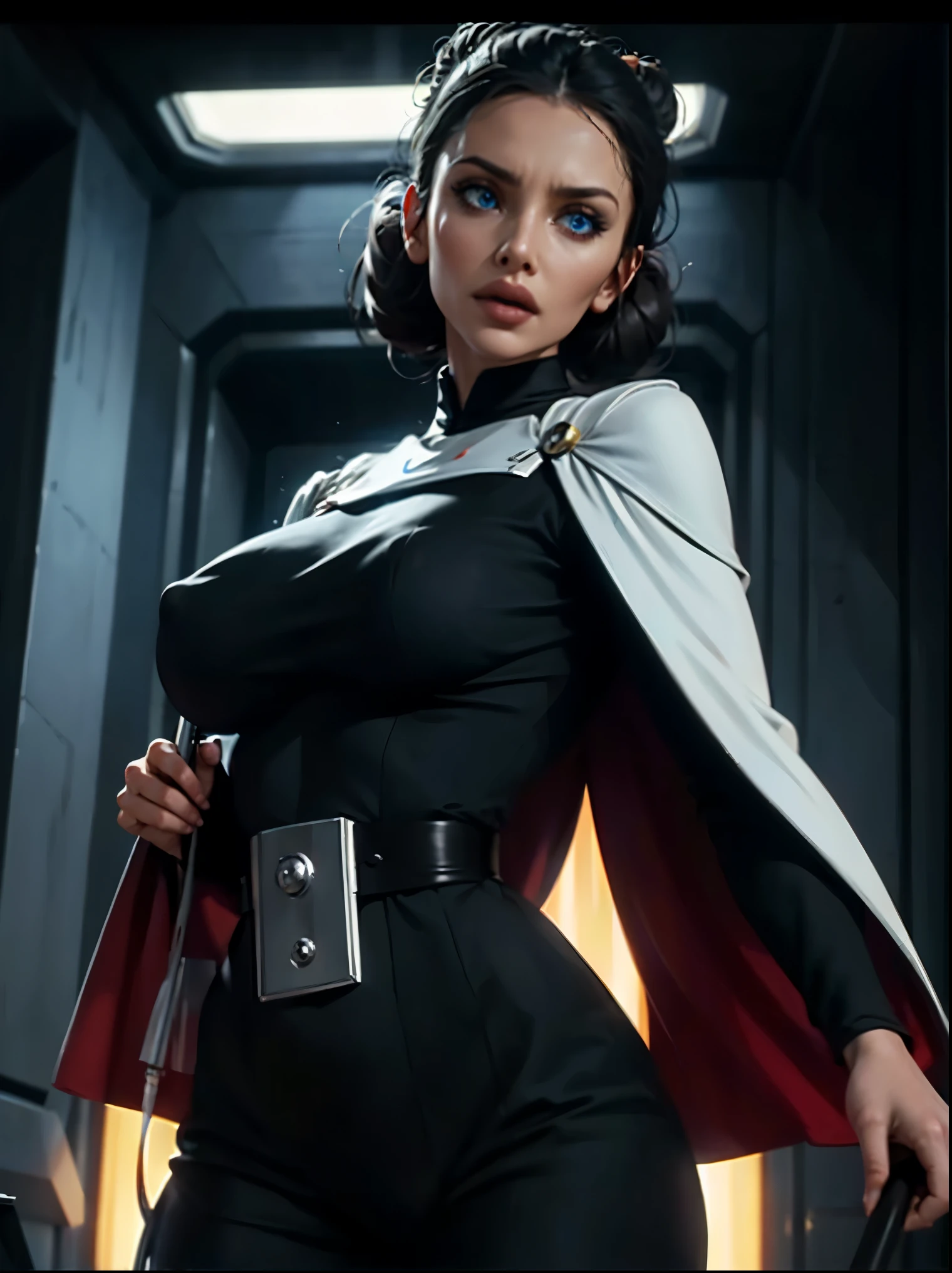 Incredibly detailed wide angle shot shot of a gorgeous and skinny woman with ((EXTREMELY saggy)) big breasts, nipples visible through clothing, a narrow waist, a incredibly supermodel thin body, with VERY narrow hips, super thin legs, (bimbo lips), vivid blue eyes, extremely detailed face, thoughtful expression, (long ((black)) hair styled in bun), Star Wars Imperial Officer black uniform, wearing a white cape, matte paint, atmospheric, dramatic lighting, standing inside an imperial space ship.