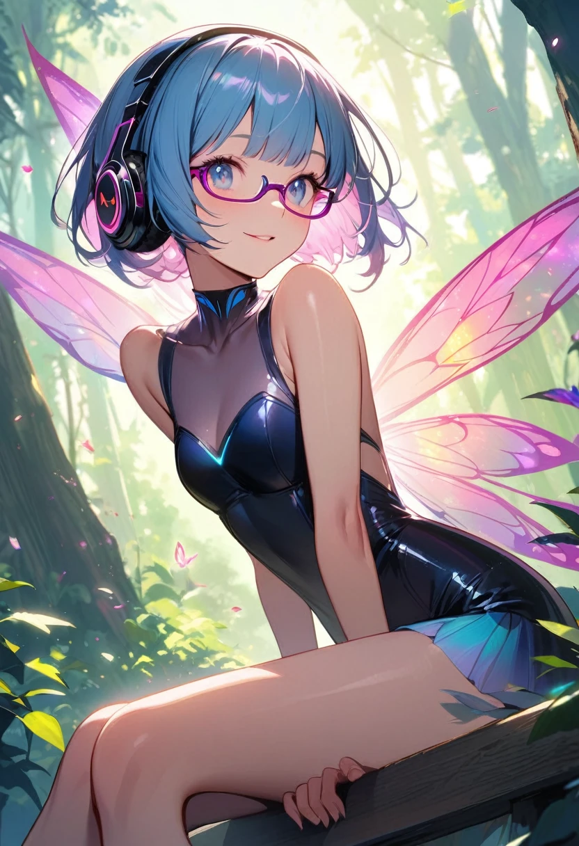 (super very short hair:1.3), blunt bangs, (((underrim glasses:1.3))), (headphones:1.3), a hauntingly beautiful fairy sitting on a fence in the forest. her vibrant and youthful features create a striking juxtaposition of ethereal beauty. tight latex fairy dress, short dress, sparkly wings.