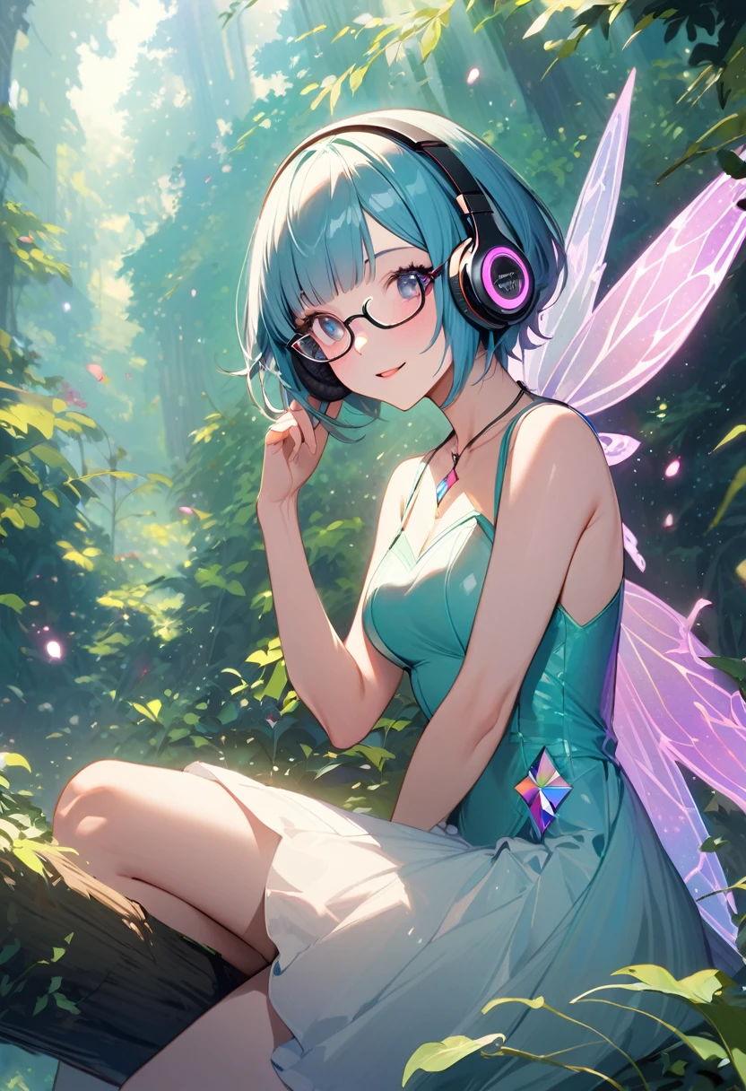 (super very short hair:1.3), blunt bangs, (((underrim glasses:1.3))), (headphones:1.3), a hauntingly beautiful fairy sitting on a fence in the forest. her vibrant and youthful features create a striking juxtaposition of ethereal beauty. tight latex fairy dress, short dress, sparkly wings.