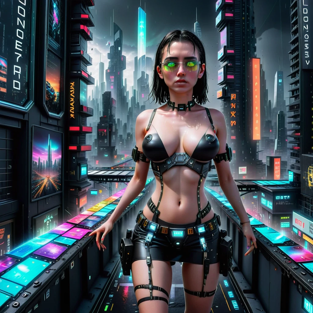 (((aerial view))) of a sprawling Cyberpunk cityscape, (((all-glass))) towering skyscrapers, a lot of neon lights and holographic billboards, futuristic, high-tech and grunge elements, 1drone, high-resolution OLED GUI interfaces in the building, the (((open-air))) all-glass string sky bridge is filled with transparent data visualization infographics that show it all, from weather patterns to traffic flow, (((Matrix cascading code))). In the foreground, a female robot, mechanical joints and LED facial markings, adorned with digital patterns or neon accents. Matrix style, at night, (((1girl, solo))), photo realistic, (large-breast:1.2 slim body, cleavage), (((sling bra top, extreamly short pleated (((miniskirt))) exposing panty))), (((((matrix style black sunglasses))))), (((((aiming at camera with a (short gun), (looking at camera)))))), (((((half-body (thigh level) medium shot))))), (cinematic lighting).