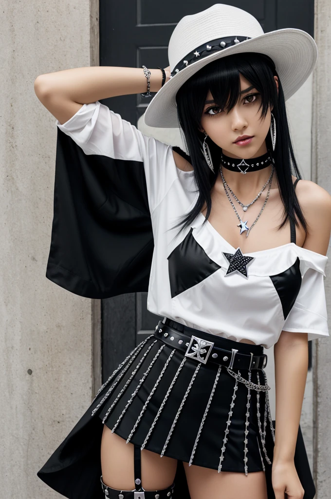 anime female character, White skin, slim,   Layered black hair with bangs , white triple star earrings, black cowboy hat studded with silver white star, black horns, black y2k star necklace, black choker with emo skull spikes,black y2k belt skirt with pleated stars, star y2k black tube top,y2k black high boots,full body silver black emo bracelets           