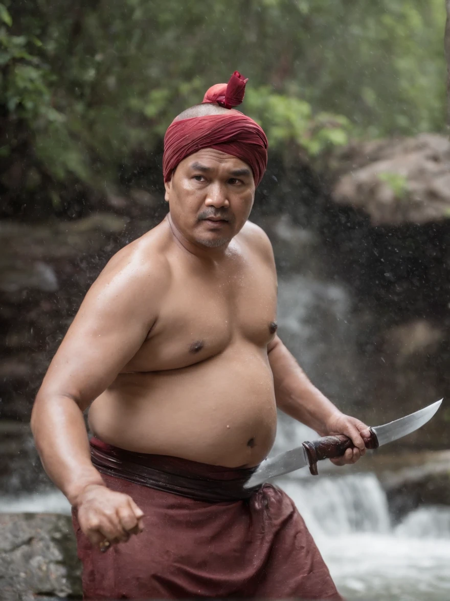 Fat man, Asian, Chubby, 50 year old, Ancient warrior, Turban, holding a knife ready to fight, taking off his shirt, not wearing a shirt, Shirtless, In waterfall , raining, wet.