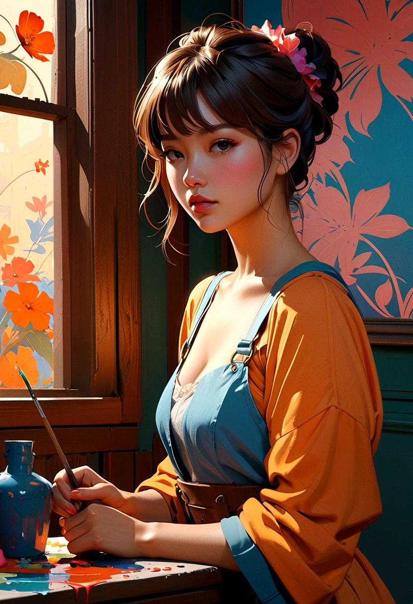 (Girlish Painting:1.3) of (Ultra detailed:1.3),(Cosy:1.3),best quality,masterpiece,highly detailed,ultra-detailed,1girl, unreal engin 5,octane render,(2D:1.2), limited palette flat color,, digital painting, artstation, concept art, smooth, sharp focus,art by ross tran and greg rutkowski and alphonse Mucha and Bak Karol,, (oil painting:1.16),(acrylic paint:1.16),(colorful:1.5), (watercolor:1.16),, by (nvinkpunk:1.0),(kuvshinov:1.0),(dreamlikeart:1.0),(samdoesart:1.0),(modelshoot style:1.0),(by Artist Koho Shoda:1.3),(by Artist Mike Mignola:1.3),(by Artist Joop Polder:1.3),(Classicism Art:1.3),(Industrial Art:1.3),(Solarpunk Art:1.3)