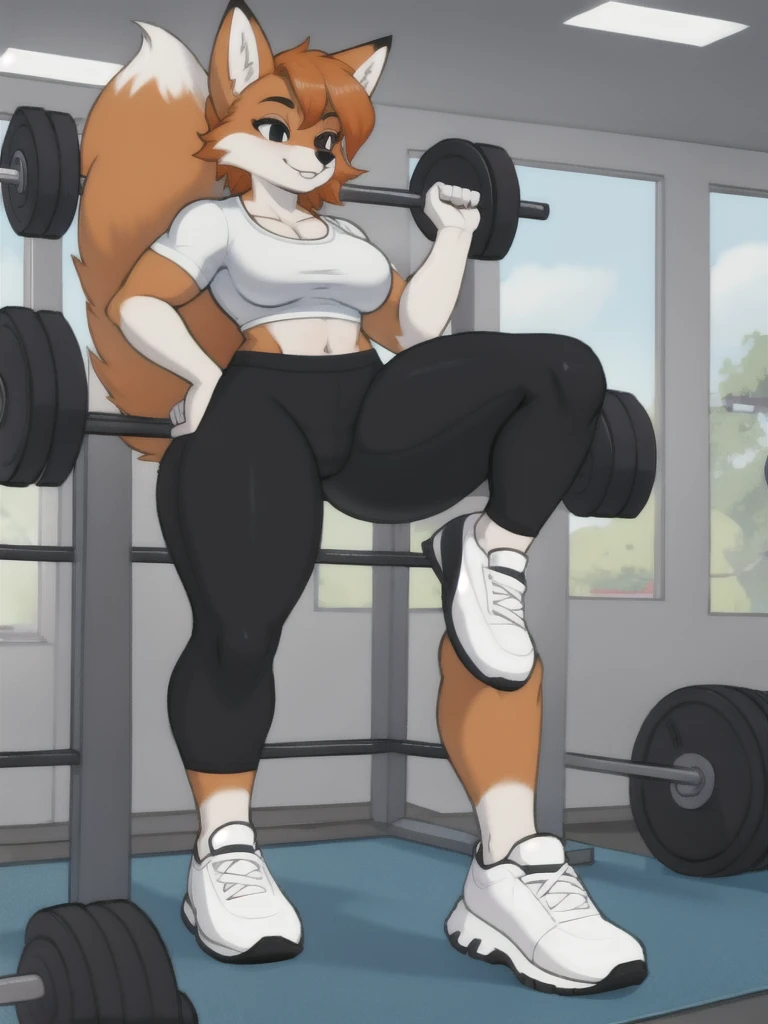 Furry, fox, female, white shirt, black leggings, shoes, gym, , full body