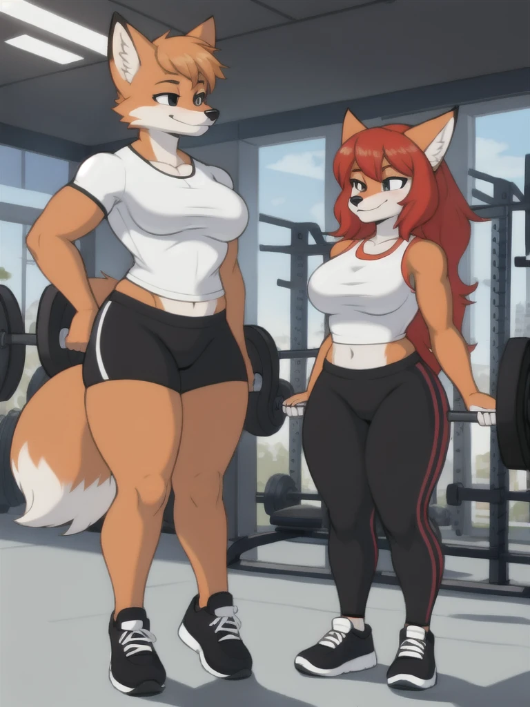 Furry, fox, female, white shirt, black leggings, shoes, gym, , full body