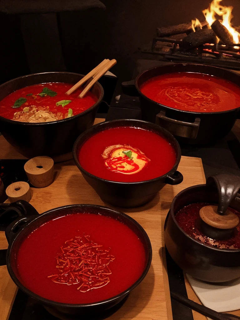 Two ramen、Red soup、Chili pepper、A pot on the fire