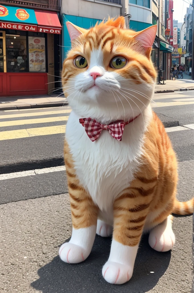 A cute, large, ginger, 3D cartoon-style cat drools after seeing a burger sign in the street。