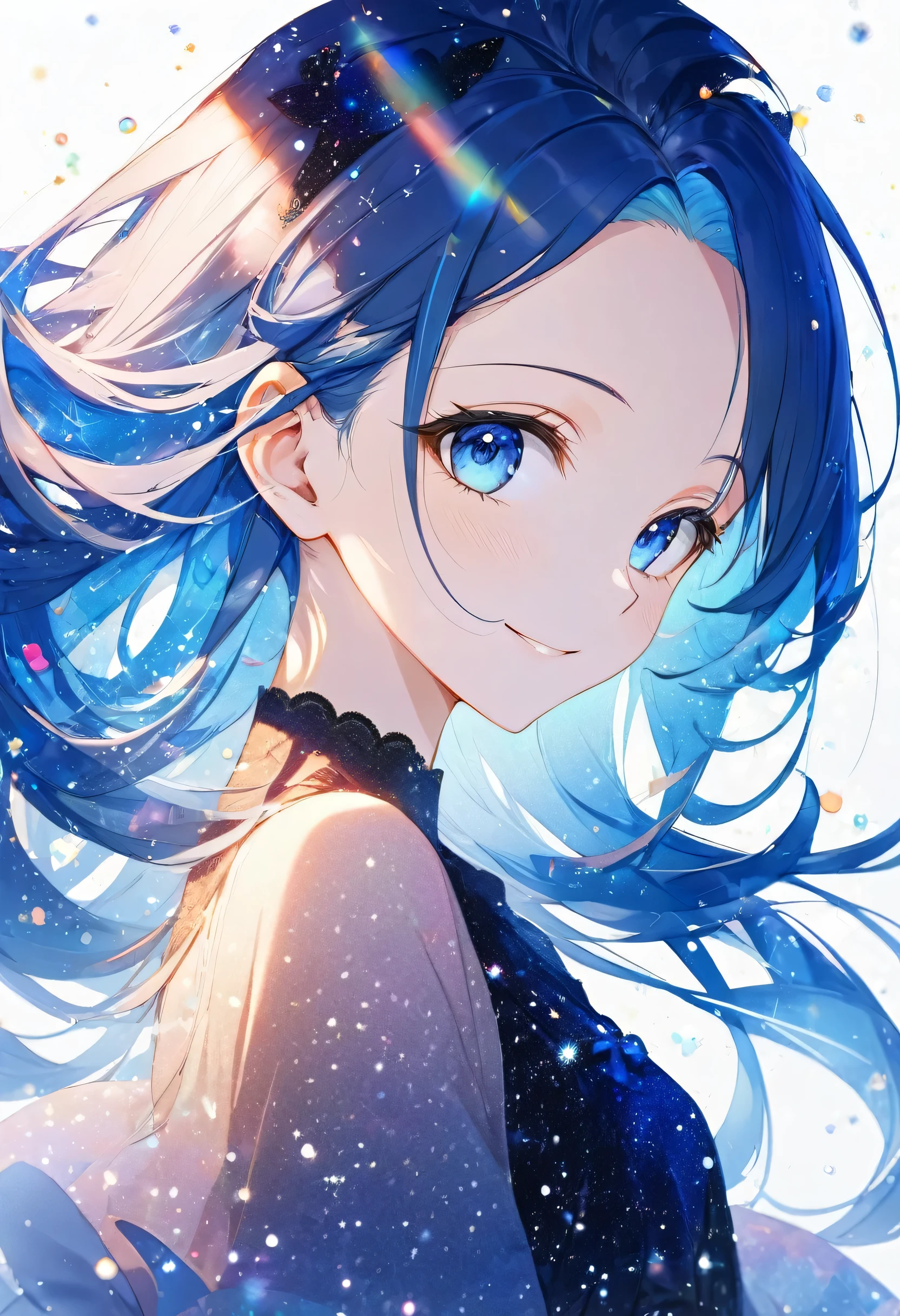 16k, (double exposure:1.05 silhouette: 1.1) (many detailed particles light) (background is exposure:1.1 many:1.4 Particles Colorful Light), wearing layered one piece dress, frontale forehead blue hair long hair lovely blue eyes girl, love smile.