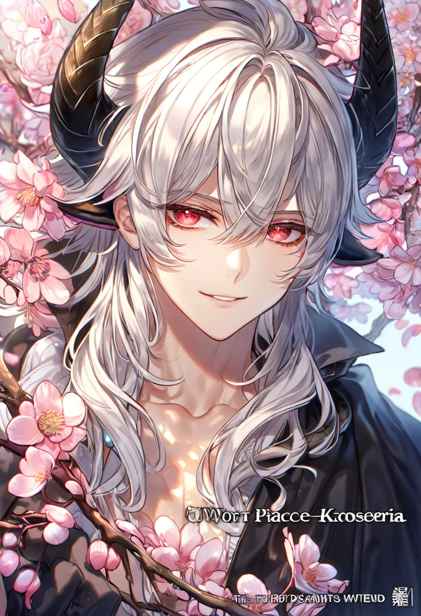 Ultra detailed, highres, absurdres, HDR, master piece, Krozseria, messy white hair, expressive red eyes, Demon Fantasy, pink petals, pink flowers, black cape, sexy man, solo, best quality, blossoms, blue shining fireflies, handsome smile, black horns, the word "Krozseria" is written on his shirt, fantasy, black horns, black gloves