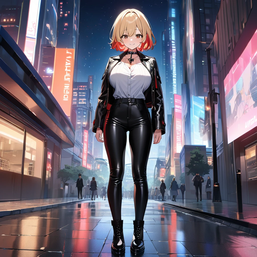 A woman wearing an open black leather jacket, white shirt with iron cross symbol, iron cross necklace around her neck, short hair, blonde hair, red bangs, multicolored hair, brown eyes, smiling, big breasts, black pants, black boots in leather, standing posture, walking on a sidewalk in a big city, background modern building, night place, lighting with colors, orange, blue and red, blurred background..UHD , prime work , accurate , anatomically correct , textured skin , super details , high quality , best quality, 8k, high resolution, bokeh effect. (woman solo)
