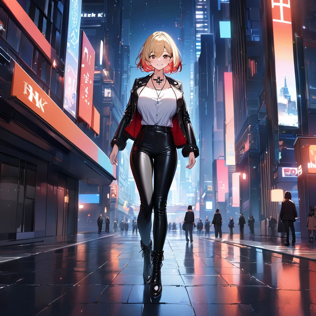 A woman wearing an open black leather jacket, white shirt with iron cross symbol, iron cross necklace around her neck, short hair, blonde hair, red bangs, multicolored hair, brown eyes, smiling, big breasts, black pants, black boots in leather, standing posture, walking on a sidewalk in a big city, background modern building, night place, lighting with colors, orange, blue and red, blurred background..UHD , prime work , accurate , anatomically correct , textured skin , super details , high quality , best quality, 8k, high resolution, bokeh effect. (woman solo)
