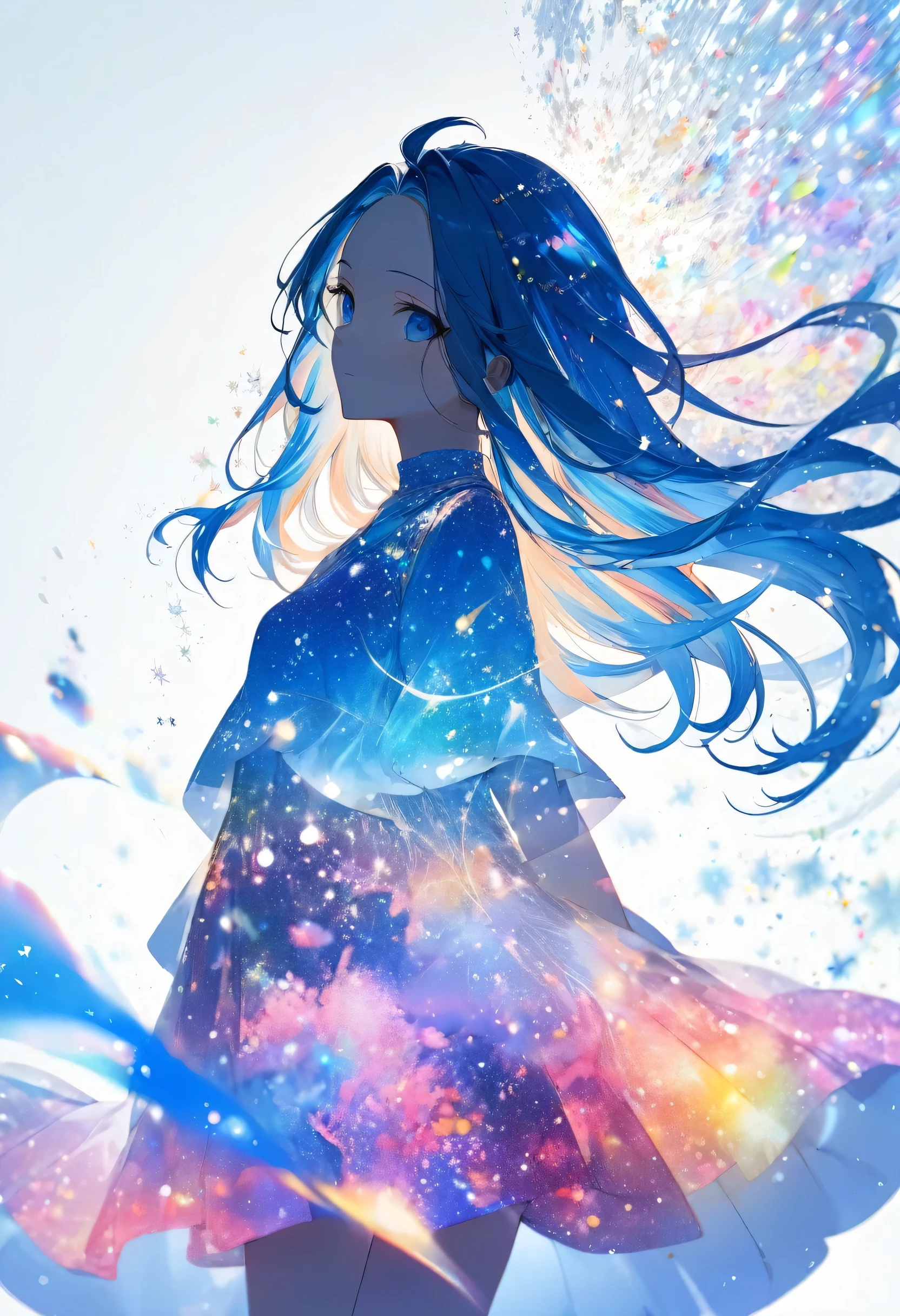 16k, (double exposure:1.05 silhouette: 1.1) (many detailed particles light) (background is exposure:1.1 many:1.4 Particles Colorful Light), wearing layered one piece dress, frontale forehead blue hair long hair lovely blue eyes girl.