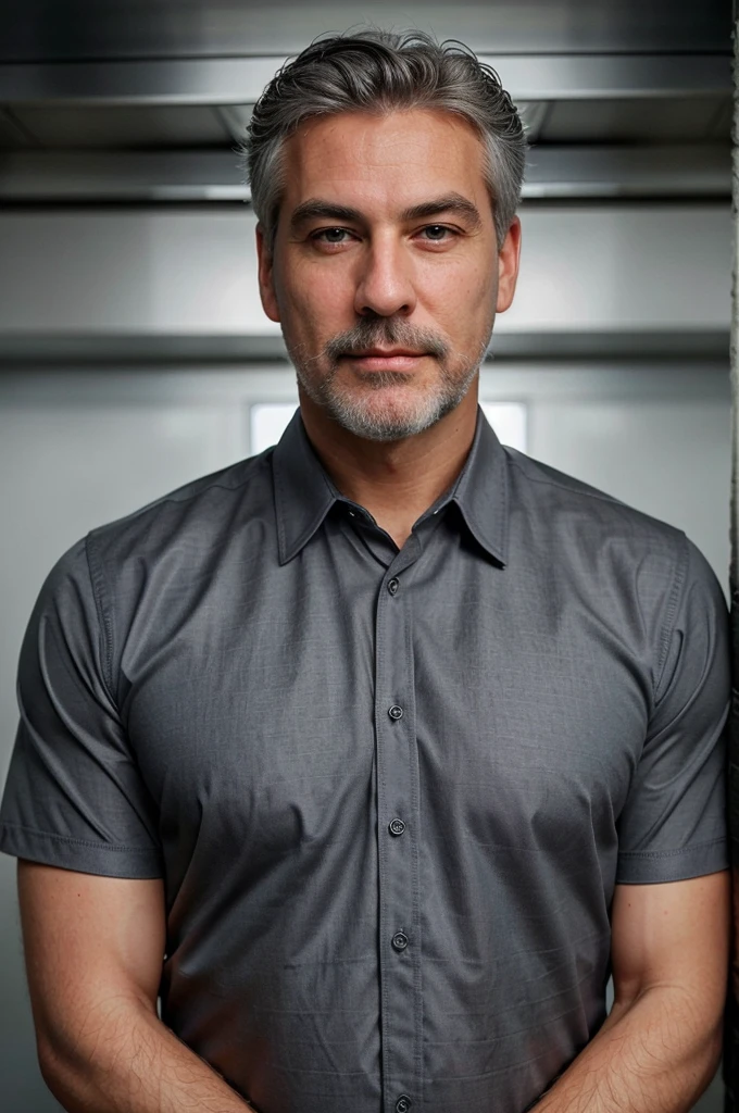 a mature gray-haired man with a well-defined face, short neatly groomed hair, a well-trimmed gray beard covering his chin and cheeks, piercing blue eyes that convey a serious and confident expression, wearing a black collared shirt that gives him an elegant and sophisticated look