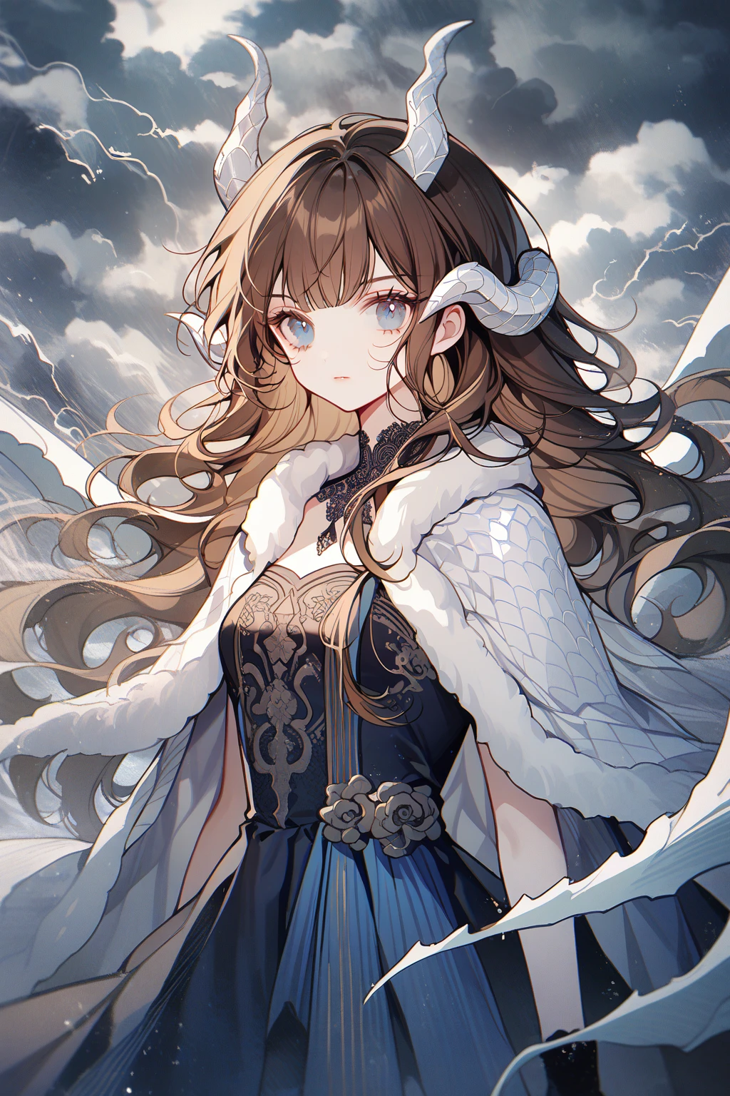by ttosom, 1 girl, CuteStyle, blue eyes, narrow pupils, brown hair, very long hair with bangs, flowing hair, upper body, dynamic, many details, beautiful, detailed, dressed in a black strapless dress, black high gloves, sleeveless dress, neckline, medium chest, shawl on shoulders with fur trim, white scales cover the skin, white dragon wings, white dragon horns, outside, cloudy, dark clouds, hurricane, strong wind, looks at the viewer, dragon tail is white, serious look, gentle tones
