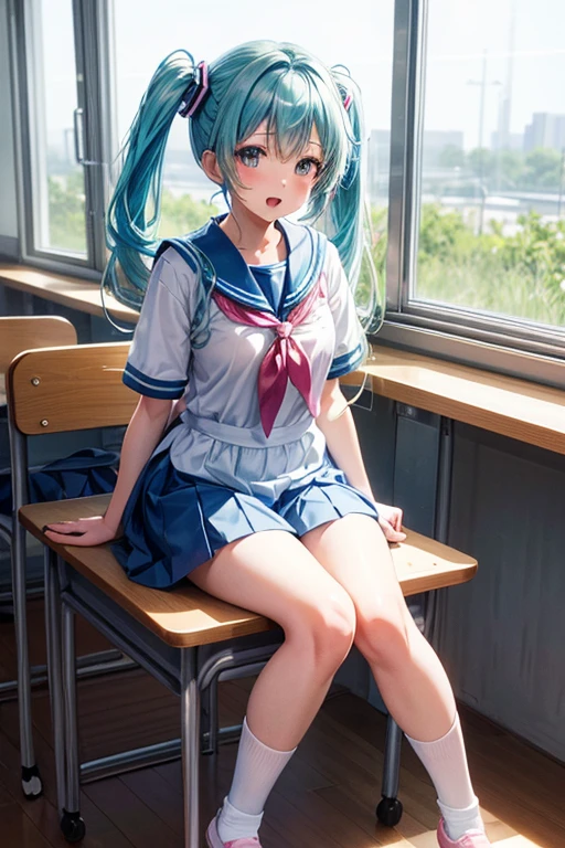 masterpiece、Superior image quality、超High resolution、Miku Hatsune、blue hairs、two-tailed、blush、mock、Open your mouth a little、Short Sleeve Student Sailor Suit Costume.、wearing socks、Inside the classroom
