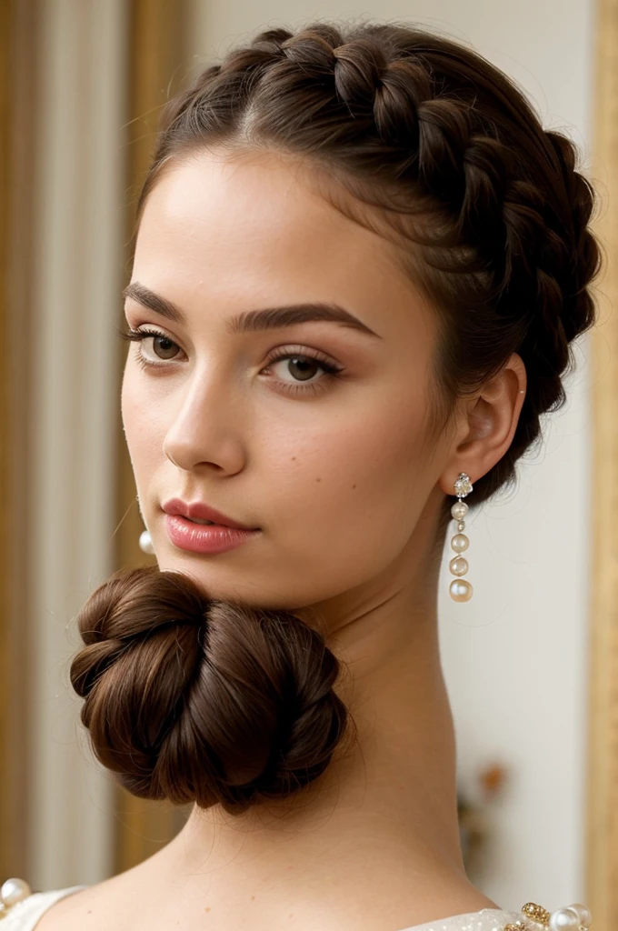 ((best quality)), ((masterpiece)), (detailed),An elegant updo with intricate braids and a low bun, embellished with pearl pins.