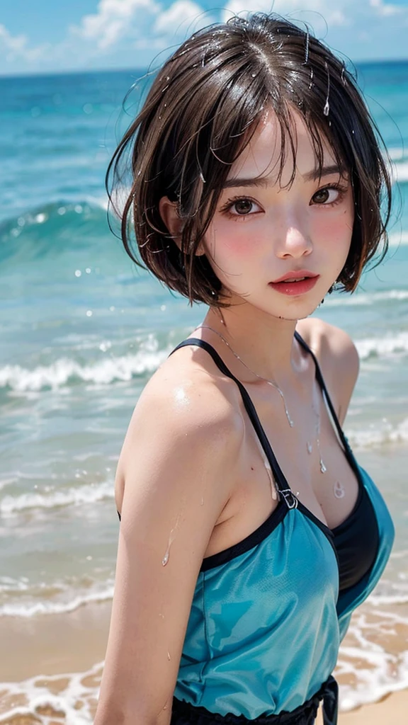 8K,Beautifully detailed face,(18 year old high school girl:Swimwear,Sunburn,Sunburn跡が見える,Tan Skin,sexy:2.0,),blush,Embarrassing,(Detailed Hair,Bobcut:1.4),Ocean