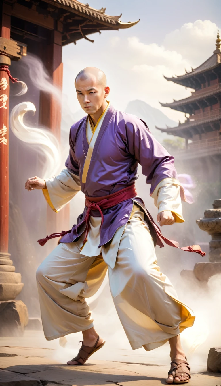 Handsome monks from Shaolin Temple、(((1 middle-aged，Baldness，Monk，Full body homosexuality，Tear mole:)))Full Body Love，Sharp eyes，Clear facial features，Wearing Hanfu，struggle，Powerful dynamic poses，The body is surrounded by purple mist，Runes surround you，Martial Arts Action，Holographic Reality，Holographic Aura，Motion Blur，Real Effects，Rim Light，Soft Light，Rim Light，The light is soft