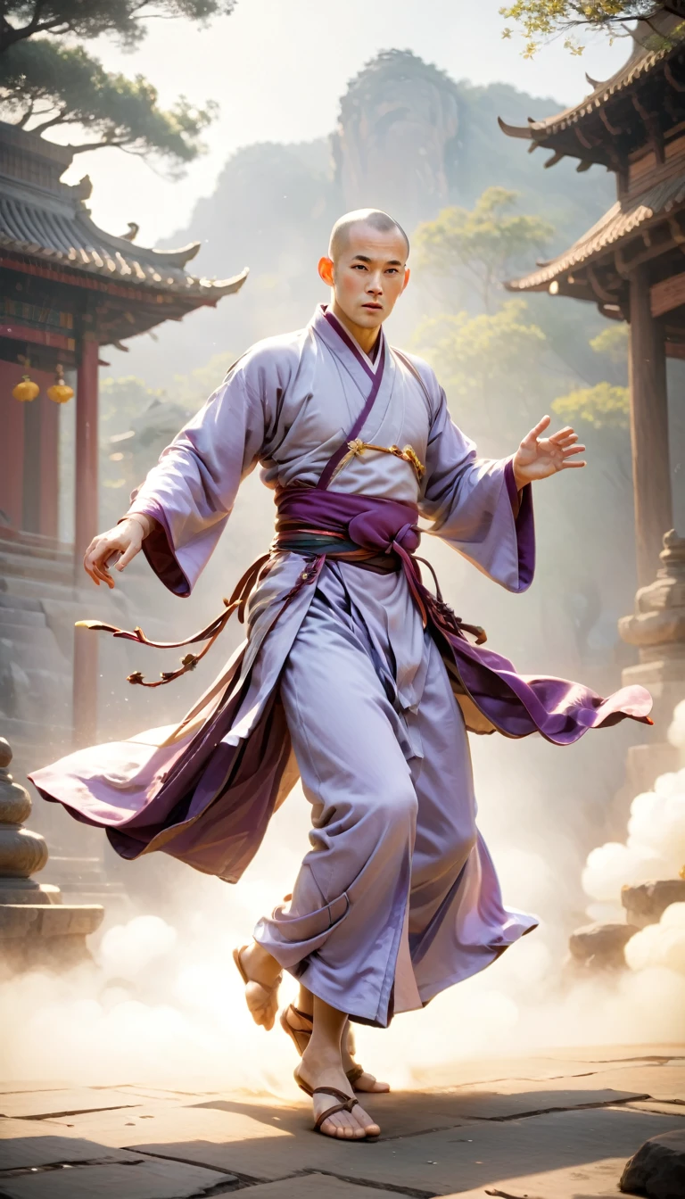 Handsome monks from Shaolin Temple、(((1 middle-aged，Baldness，Monk，Full body homosexuality，Tear mole:)))Full Body Love，Sharp eyes，Clear facial features，Wearing Hanfu，struggle，Powerful dynamic poses，The body is surrounded by purple mist，Runes surround you，Martial Arts Action，Holographic Reality，Holographic Aura，Motion Blur，Real Effects，Rim Light，Soft Light，Rim Light，The light is soft