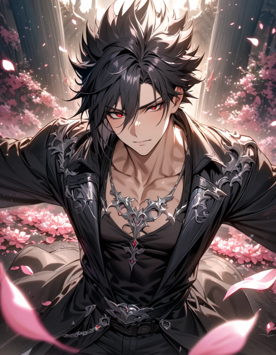 absurdres, highres, ultra detailed, HDR, master piece, best quality, Kaerius, black hair, spiked hair, hair between the eyes, expressive red eyes, Dream and Legacy, solo, sexy man, handsome, black coat, black tight T-shirt, belt around his chest, silver accessories, fantasy, pink flowers, blossoms, magical, pink petals