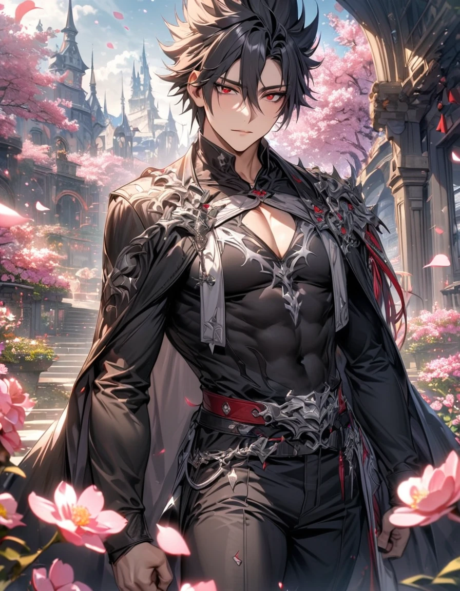 absurdres, highres, ultra detailed, HDR, master piece, best quality, Kaerius, black hair, spiked hair, hair between the eyes, expressive red eyes, Dream and Legacy, solo, sexy man, handsome, black coat, black tight T-shirt, belt around his chest, silver accessories, fantasy, pink flowers, blossoms, magical, pink petals
