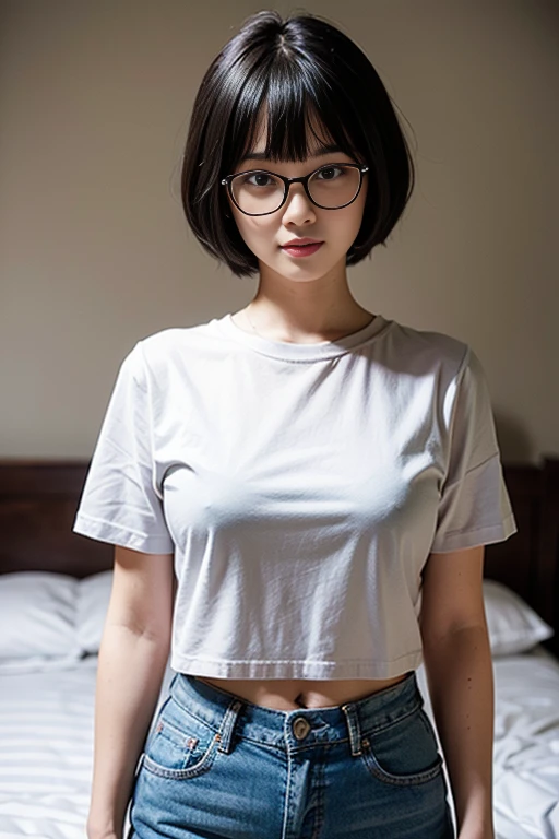 medium shot, ((white T-shirt and blue denim jeans)), japanese lady, pale skin, droopy eyes, 21 year old,(Black short bowl cut hair with blunt bangs:1.3),((standing)), high quality:1.3, shoot from below,Professional lighting:2.0 realistic:1.2,(cinematic lighting), 4k resolution, detailed skin, masterpiece:1.1, ((in bedroom)), (lovehotel), scenery, japan,(smile:1.3),(Black cell frame glasses:1.3),(nipples poking through clothes),