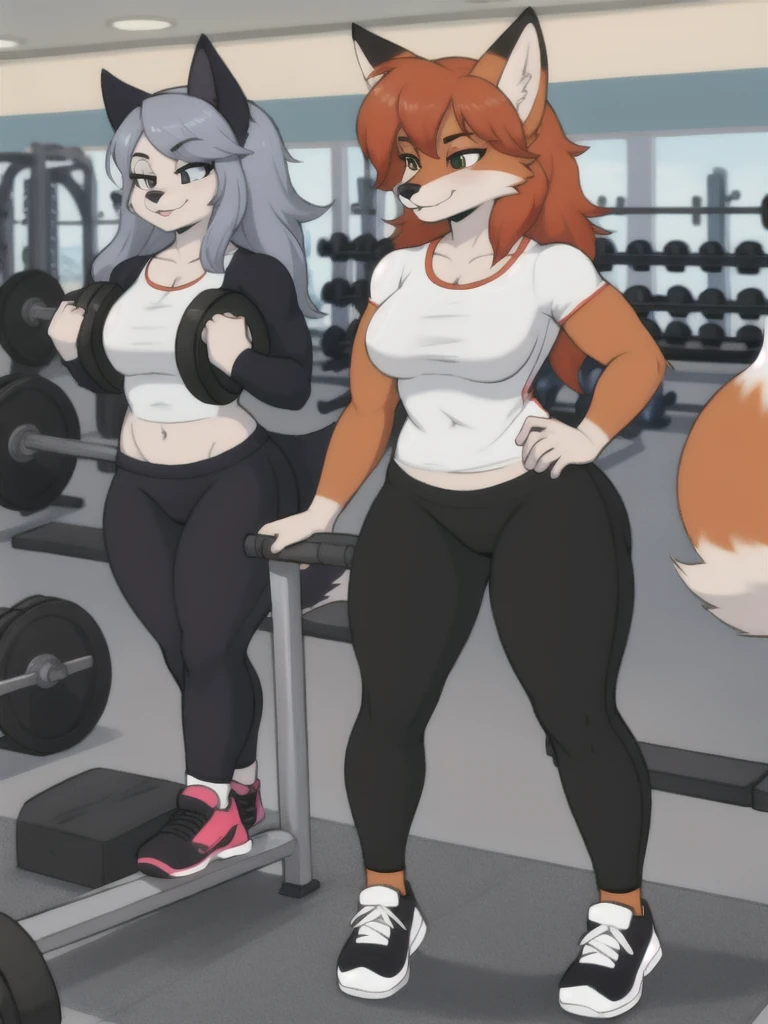 Furry, fox, female, white shirt, black leggings, shoes, gym, teen, full body