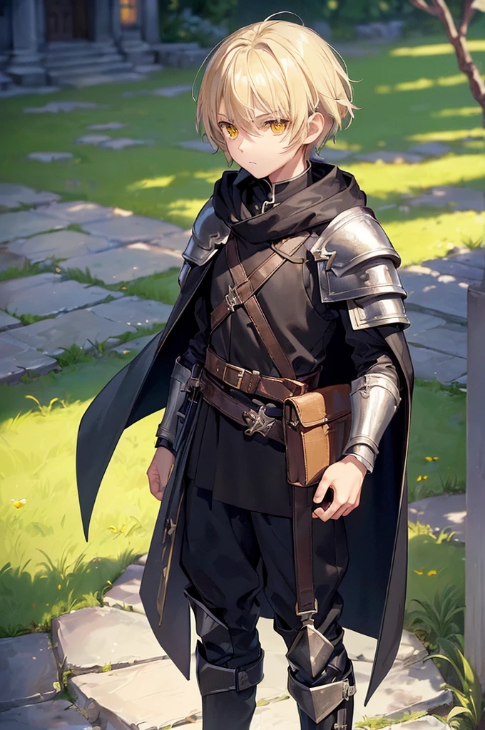 (masterpiece; best quality: 1.2), (finely detailed eyes: 1.3), ((10 year old male ???)), ((solo)), (yellow eyes: 1.4), (body; short, slender: 1.3), (short white hair: 1.3), (beautiful and clear background: 1.2), ((depth of field)), (clothes: traveler dark spellblade attire + hard leather armor + black cloak + pouches and satchel: 1.3), (anime illustration: 1.2), (background; garden exterior: 1.1), (extremely fine and handsome: 1.1), (shot composition; standing + centered on torso + close-up: 1.5), (expression; calm, stoic: 1.2)