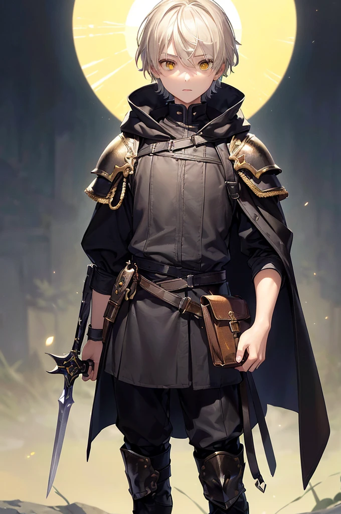 (masterpiece; best quality: 1.2), (finely detailed eyes: 1.3), ((10 year old male kid)), ((solo)), (yellow eyes: 1.4), (body; short, slender: 1.3), (short white hair: 1.3), (beautiful and clear background: 1.2), ((depth of field)), (clothes: traveler dark spellblade attire + hard leather armor + black cloak + pouches and satchel: 1.3), (anime illustration: 1.2), (background; garden exterior: 1.1), (extremely fine and handsome: 1.1), (shot composition; standing + centered on torso + close-up: 1.5), (expression; calm, stoic: 1.2)