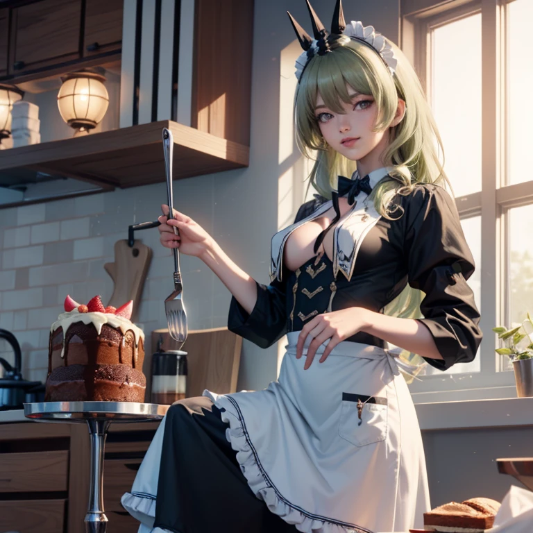 Mobius_(honkai impact 3d), bakery, holding a pastry brush, bakery utensils, cooking a cake, ornament hair, perfectly body, perfectly hands, wave hair, light green hair, long hair, maid, maid dress, maid headdress, maid apron, stand up close to the window, kitchen, kitchen scenery, gold lantern, black dress, more details on her clothes, black dress, golden details, night, smiling, coat, ((4k, masterpiece, top-quality)),8k, best quality, high resolution, HD, (illustration:0.8), super cute girl, delicate and beautiful face, 1girl, solo, mature girl, super cute hairstyle, (beautiful detailed eyes:1.6), extremely detailed face, perfect lighting, extremely detailed CG, (perfect hands, perfect anatomy), Best quality, cleavage, skirt, full Body,