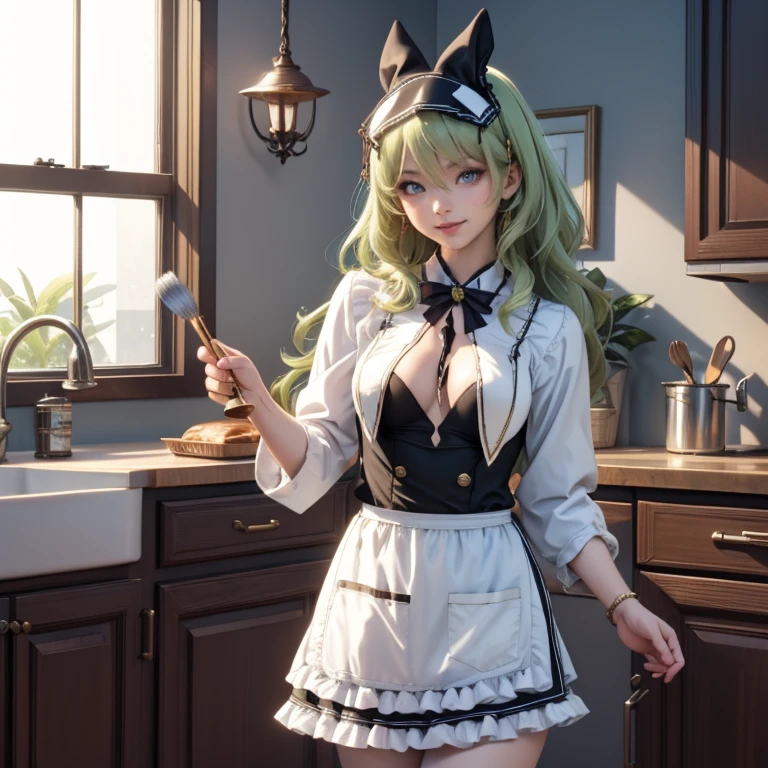 Mobius_(honkai impact 3d), bakery, holding a pastry brush, bakery utensils, cooking a cake, ornament hair, perfectly body, perfectly hands, wave hair, light green hair, long hair, maid, maid dress, maid headdress, maid apron, stand up close to the window, kitchen, kitchen scenery, gold lantern, black dress, more details on her clothes, black dress, golden details, night, smiling, coat, ((4k, masterpiece, top-quality)),8k, best quality, high resolution, HD, (illustration:0.8), super cute girl, delicate and beautiful face, 1girl, solo, mature girl, super cute hairstyle, (beautiful detailed eyes:1.6), extremely detailed face, perfect lighting, extremely detailed CG, (perfect hands, perfect anatomy), Best quality, cleavage, skirt, full Body,