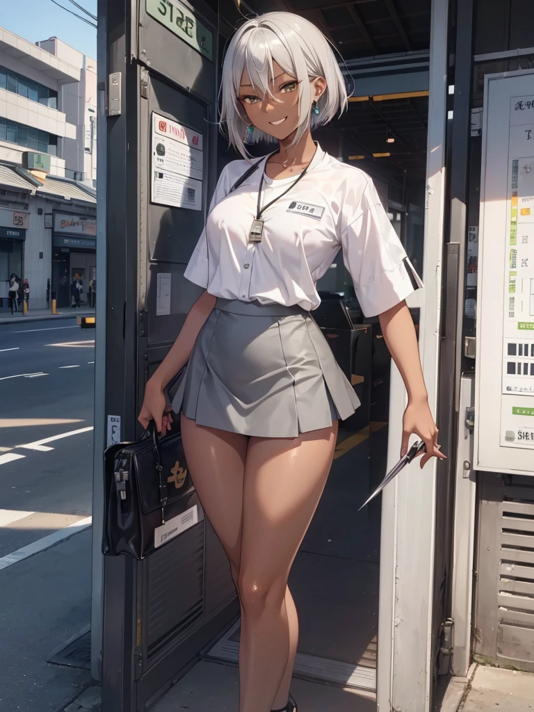 (A beautiful young Japanese woman), nsfw, Detailed Background, (((独奏))), ((Excellent anatomy: 1.2)), (Silver Hair, Bob Short), Big Tits, (dark skin:1.85), (green eyes), (Beautiful Eyes), (Slim glasses in the frame), (((Short sleeve white shirt, Grey long sleeve jacket, Employee ID card hanging around the neck, Gray tight mini skirt, Black stiletto heels))), (grin.3), Earrings, Standing in front of the station, Beautiful thighs