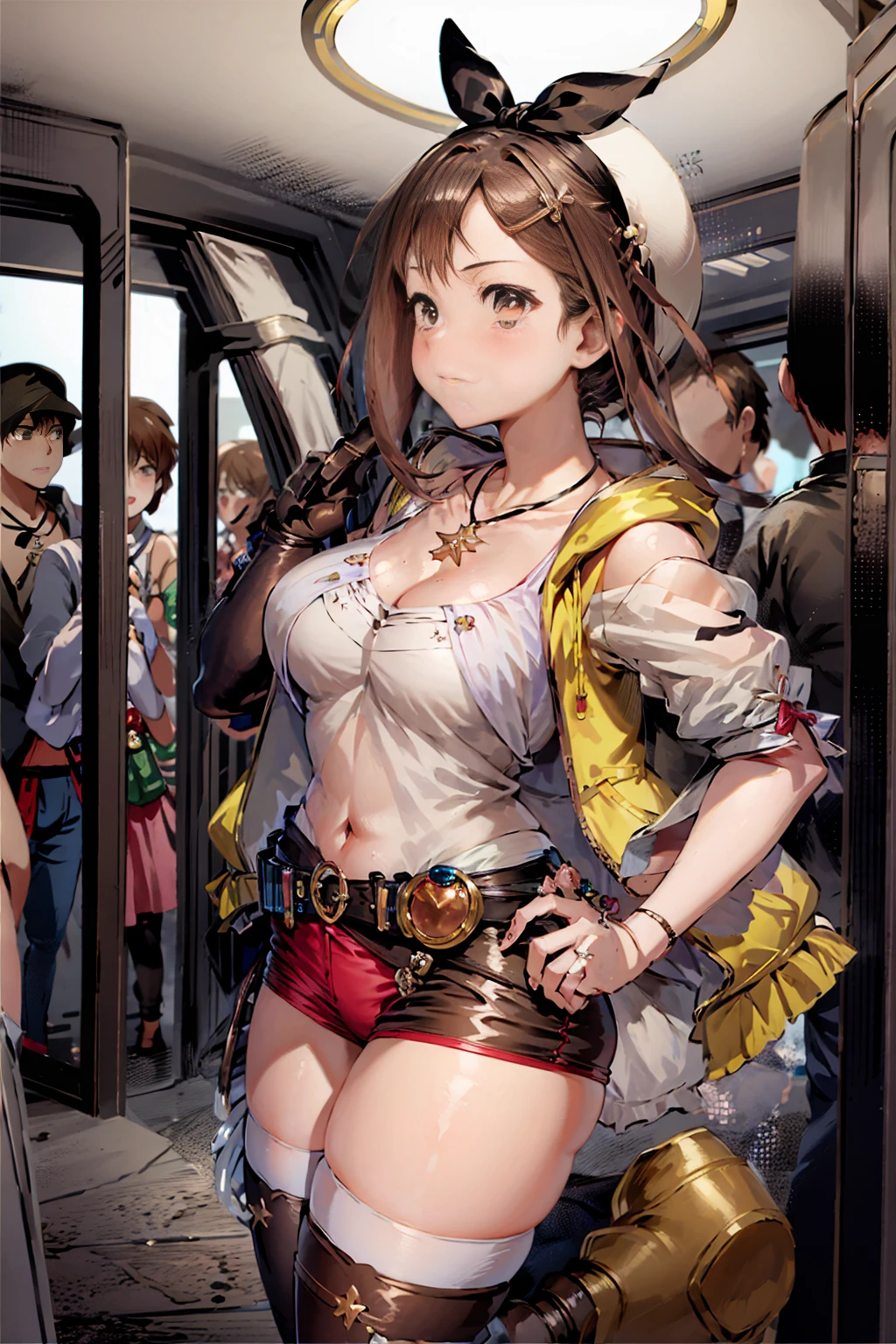 NSFW、girl 、crowded train、One girl 、Cute girl 、A large number of passengers、Thick thighs、Best image quality、High resolution、masterpiece、super high quality、Pink Bra、Pink Panties、Big Ass、Large Breasts 、Blushing、4K quality、Reached orgasm、Wearing black knee socks、Heavy breathing、From directly below、from directly below、, 1girl, arm up, 1man, {{{man put hands on girl's crotch}}}, train interior, crowded, weep face、（Positive prompt） (1 girl)++, (masterpiece)+++, (best quality), (ultra cute kawaii)+++, love live!, anime colored, , tears, (steam)+++ , be molested , feigned ignorance, wearing blazer whiteshirt , checked skirt , (turn up a shirt), misaligned bra , arched back, crowded train, (many man standing behind girl )、（NSFW、panties aside、showing panties、skindantation、zettai ryouiki：1.4）、（NSFW、cum、cum on breasts：1.5）、（NSFW、Wet、nipples through、nipples visible through clothes：1.4）