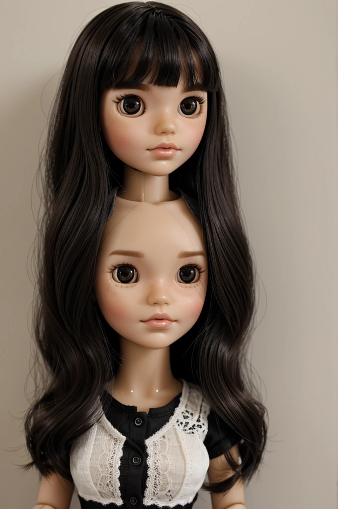 generate a blythe doll with black hair with side bangs and also dark brown eyes. with braces