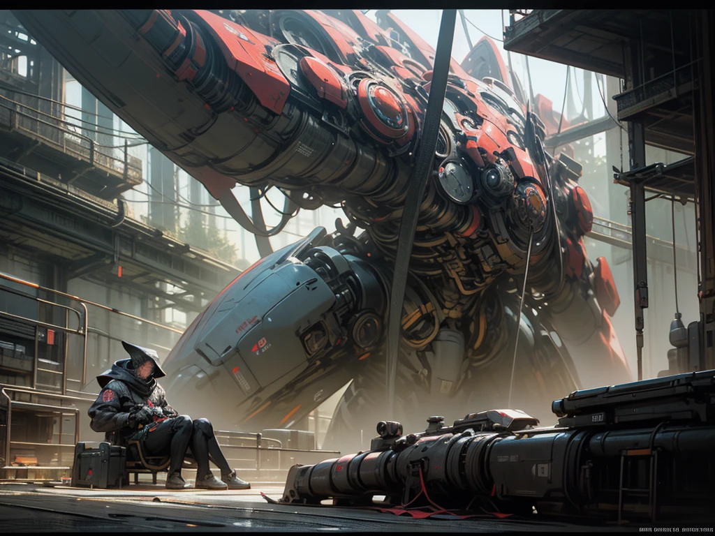 giant robot laying prone, with his large orange, high tech sniper rifle is deployed, he is aiming at a target that is super far away. , by Craig Mullins, craig mullins style, inspired by Craig Mullins, craig mullins greg rutkowski, craig mullins nekro, detailed sci-fi art, hard surface concept art, sci-fi digital art illustration, high quality digital concept art, sci - fi illustrations, sci-fi illustrations