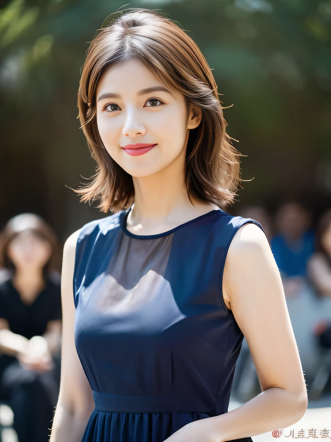 (RAW Photos), (Realistic), (masterpiece), (Highest quality), High resolution, 8K, (Intricate details), (Volumetric Light), Portraiture, woman, 30 years old, Medium Hair, The middle valley, Layered Hair, Brown Hair, Very beautiful eyes, Source order, Very thin eyebrows, Very fine skin, Very beautiful mouth, Very nice nose, Cute like an idol, smile, (Thick lips), (Looking at the audience), (Sexy and elegant navy blue see-through dress), (Full Body Shot), Randomly oriented bodies,