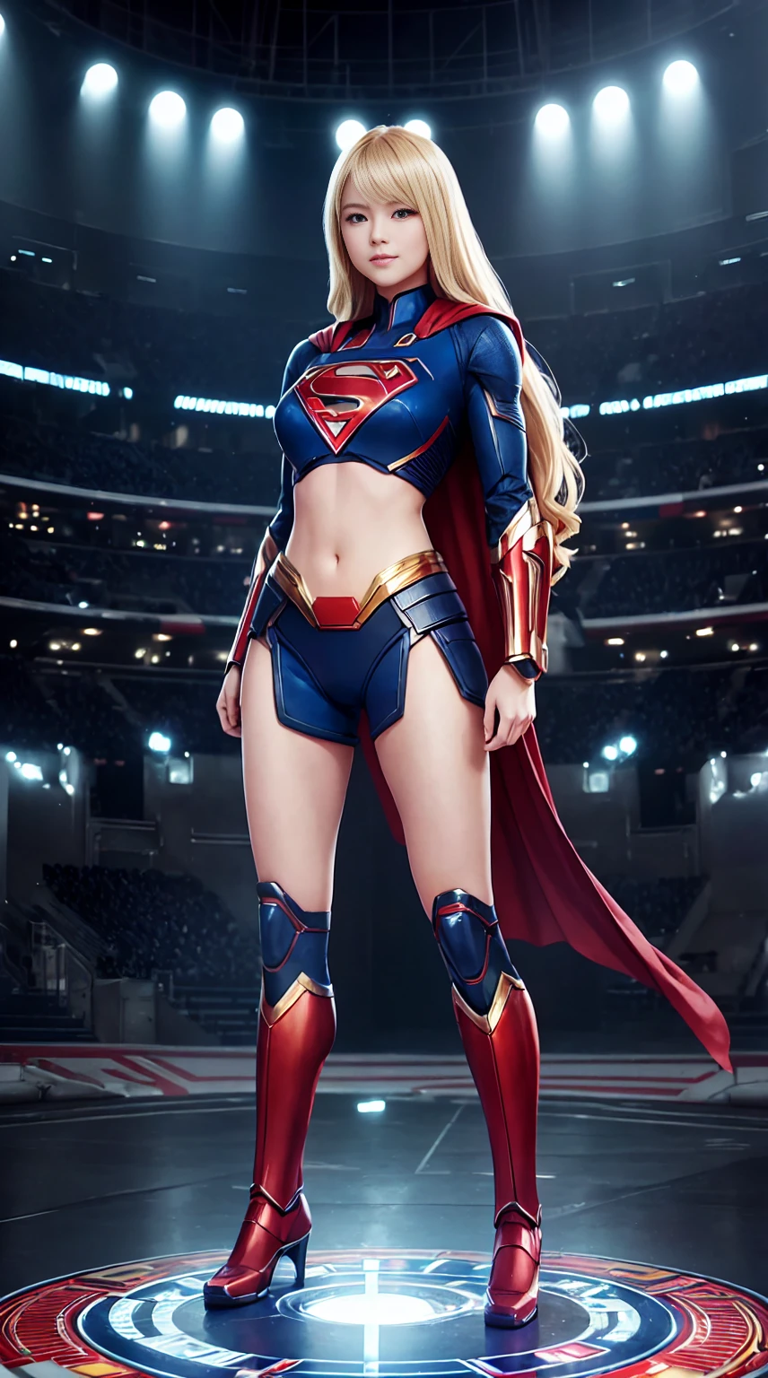 ((Full body photo, standing, feet on the ground)) bat Woman, minchen miling, aburdes, (mouth: 1.16) closed, balanced blue eyes, (best quality details: 1.2), realistic, 8K high definition, ultra detailed, high quality texture, intricate details, detailed texture, finely detailed, high detail, extremely detailed cg high quality texture, high quality shadows, ((masterpiece, best quality)), illustrations, 8K ultra-detailed, realistic, clear focus, highly detailed, professional lighting, colorful details, iridescent colors BREAK factory super long lens, large mechanical robot structure, microchips, computers, luminescence, intricate details, Shitu-Mecha, 1 supergirl girl standing in front of the audience, navel, blonde, with superman letter S.