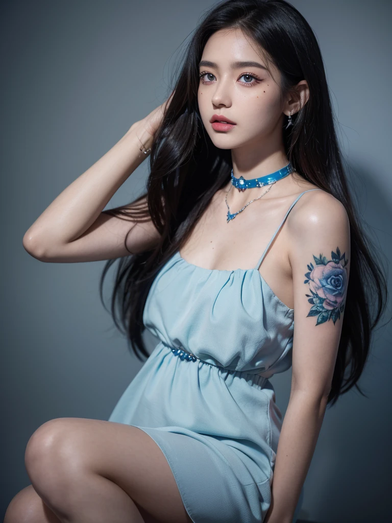 1girl, alone, solitary, high quality, (best quality,4k,8k,highres,masterpiece:1.2),ultra-detailed,(realistic,photorealistic,photo-realistic:1.37),gorgeous hair,white hair,long straight hair with bangs,puffy eyes,mole on the cheek,plump lips,jewelry,(high detailed skin:1.4),(rim lighting:1.3),(lit:1.3),(sunny day:1.3),portrait,beautiful lips,waist-length hair,seductive gaze,moles,sundress,dress,short dress,close up,really long hair,choker necklace,small tattoos,tattooed,blue eyes,blue contacts