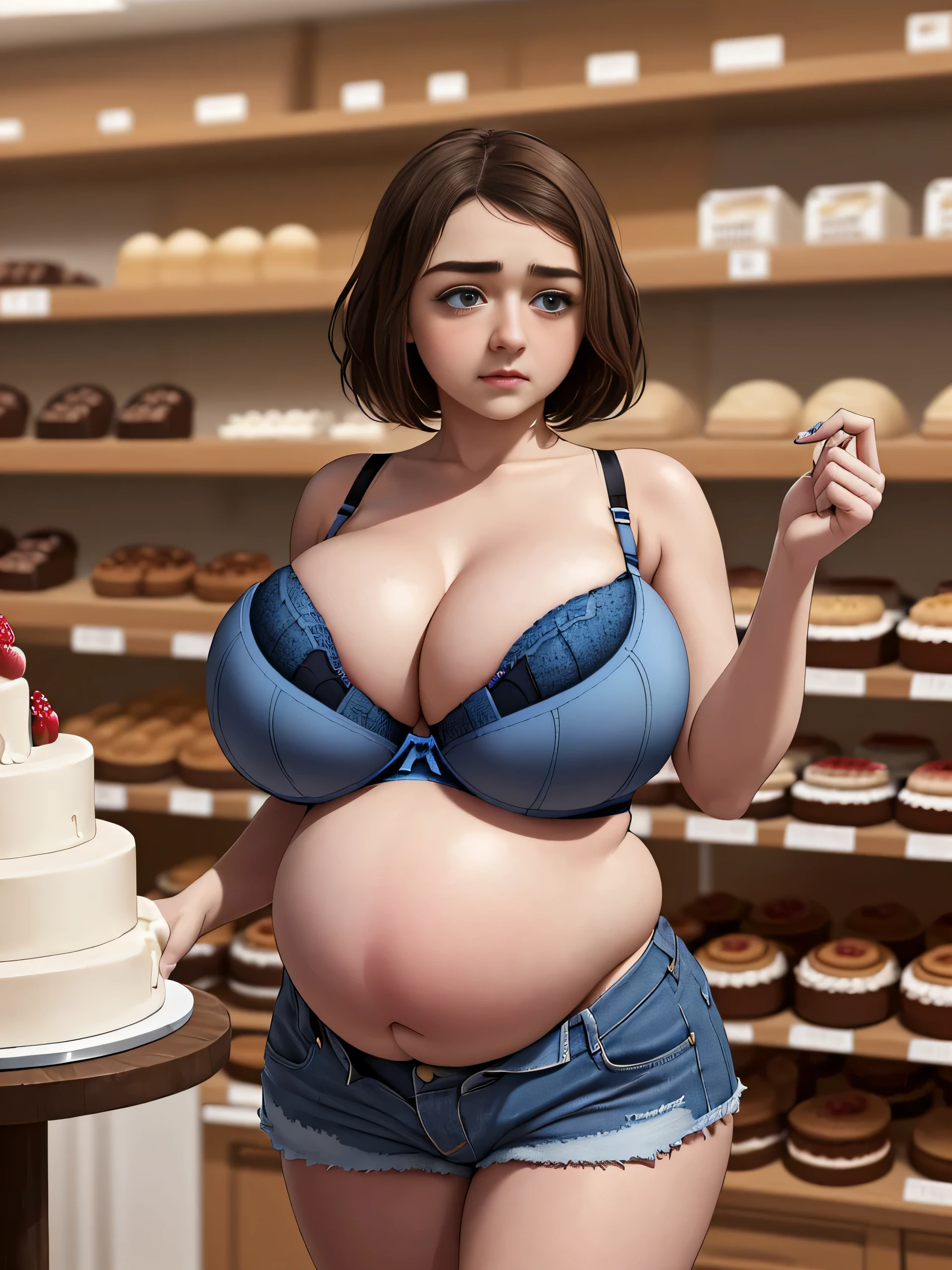 Maisie Williams, (Maisie Williams:1.3), masterpiece quality, best quality, realistic, (realistic:1.3), detailed, realistic, 1girl, alone, (solo:1.9), english women, 20 years old, young beautiful face, short hair, brunette, (brunette:1.5), in a bakery, lots of cake in background, cake on shelves in background, wearing black bra, (black bra:1.5), wearing blue jean shorts, (blue jean shirt:1.5), midriff, (midriff:1.5), huge , (huge breastschubby body, chubby belly, (chubby belly:1.5), blushing, (blushing:1.3),