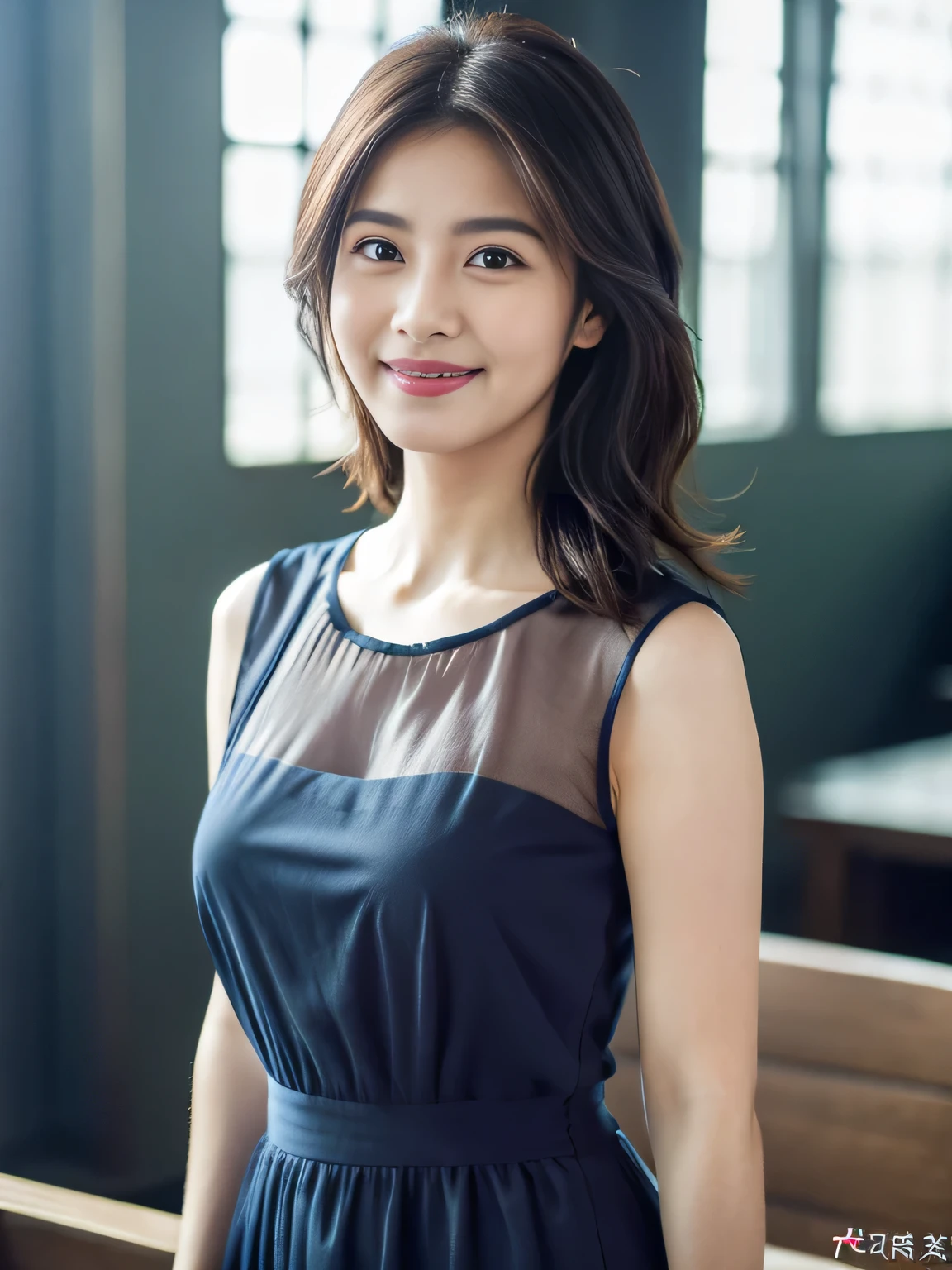(RAW Photos), (Realistic), (masterpiece), (Highest quality), High resolution, 8K, (Intricate details), (Volumetric Light), Portraiture, woman, 30 years old, Medium Hair, The middle valley, Layered Hair, Brown Hair, Very beautiful eyes, Source order, Very thin eyebrows, Very fine skin, Very beautiful mouth, Very nice nose, Cute like an idol, smile, (Thick lips), (Looking at the audience), (Sexy and elegant navy blue see-through dress), (Full Body Shot), Randomly oriented bodies,