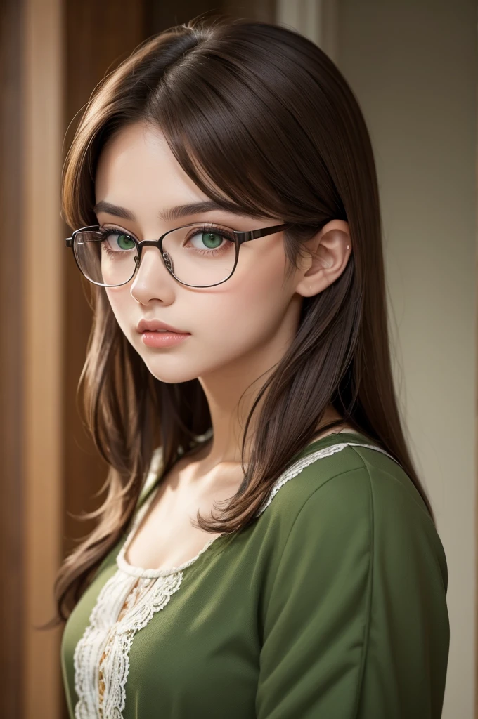 A princess with dark brown hair,green eyes with caramel,wearing glasses