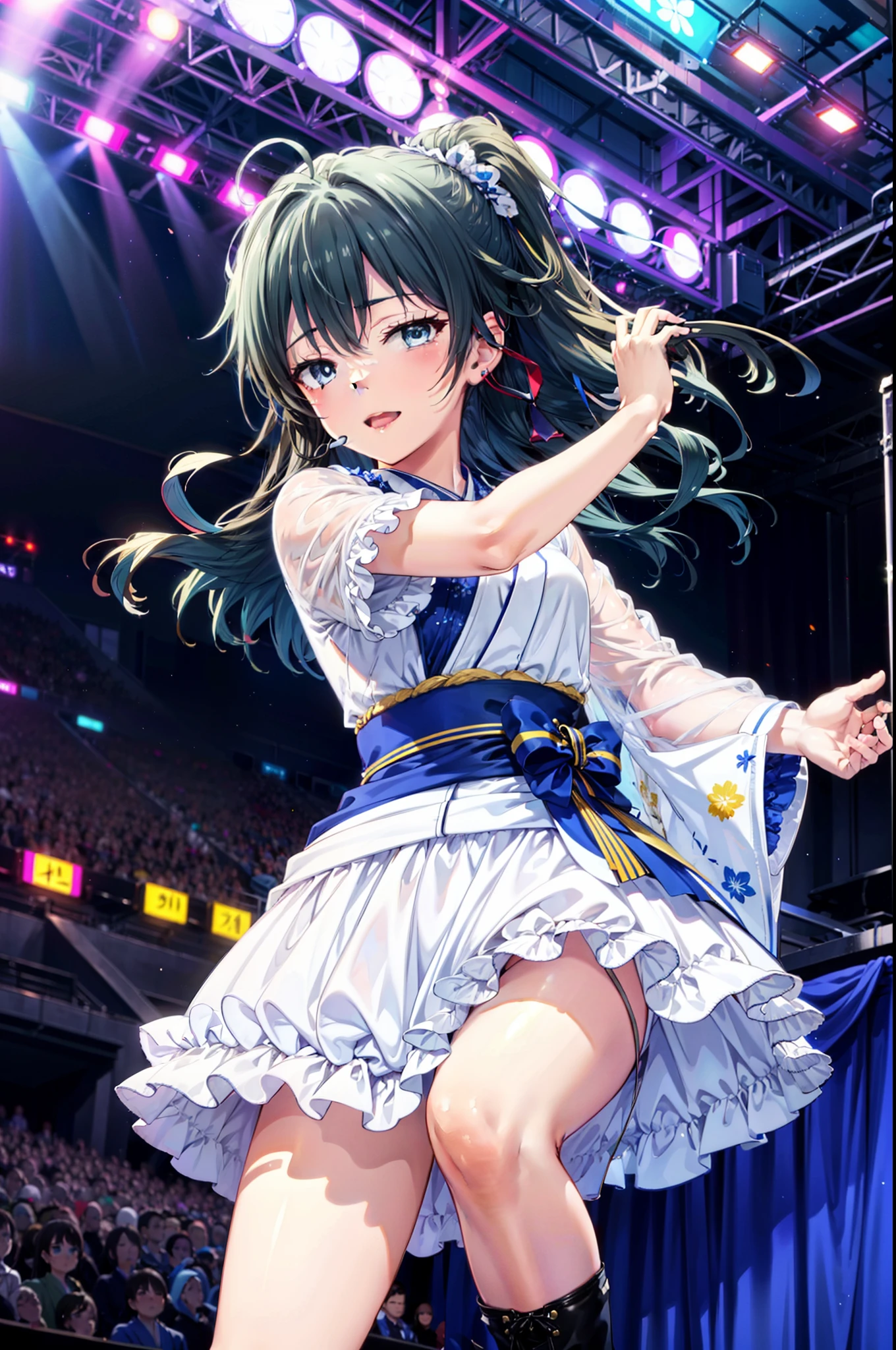 Yukino, yukino yukinoshita, Black Hair, blue eyes, Long Hair, Ahoge,happy smile, smile, Open your mouth,アイドル歌手がライブstageで熱狂的に歌うシーンのイラスト. アイドル歌手がstage中央に立っている. Idol singers wear idol-style kimonos and ,I'm wearing boots. The idol singer has her hair up and is wearing a headset. An idol singer is holding a microphone and singing. The idol singer&#39;s expression is serious and powerful. The singer&#39;s voice is strong and beautiful. stageの周りにはファンが集まる. Fans are singing and dancing along with the idol singers.whole bodyがイラストに入るように,
break indoors, stage,
break looking at viewer, whole body,
break (masterpiece:1.2), Highest quality, High resolution, unity 8k wallpaper, (figure:0.8), (Beautiful attention to detail:1.6), Highly detailed face, Perfect lighting, Highly detailed CG, (Perfect hands, Perfect Anatomy),