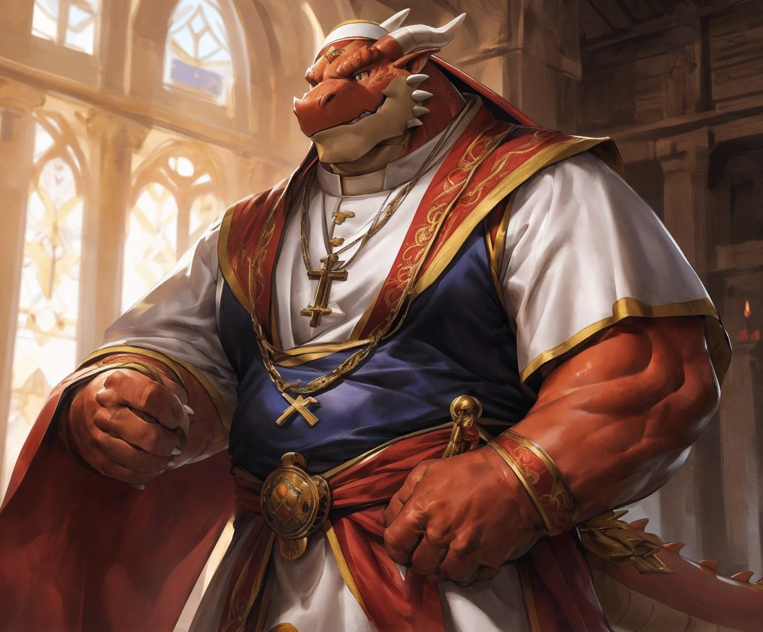 human nature, cannon, male, solitary, ((the strong,Handsome)), (dragon),((Traditional Catholic Pope outfit,西方dragondragon角)), standing,((Traditional Catholic style)),Hand in hand cross,high quality, (4K,high quality, high resolution, masterpiece), Front view (close up), cartoon,by lindong
