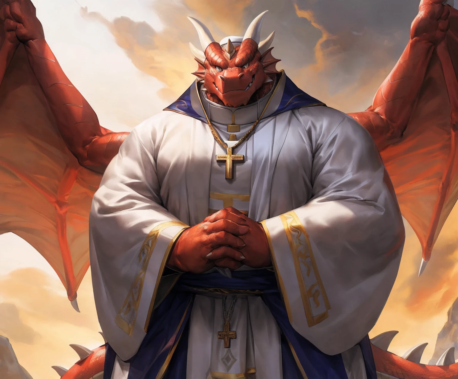 human nature, cannon, male, solitary, ((the strong，Handsome)), (dragon),((Traditional Catholic Pope outfit，西方dragondragon角))， standing，((Traditional Catholic style))，Hand in hand cross，high quality, (4K,high quality, high resolution, masterpiece), Front view (close up), cartoon,by lindong