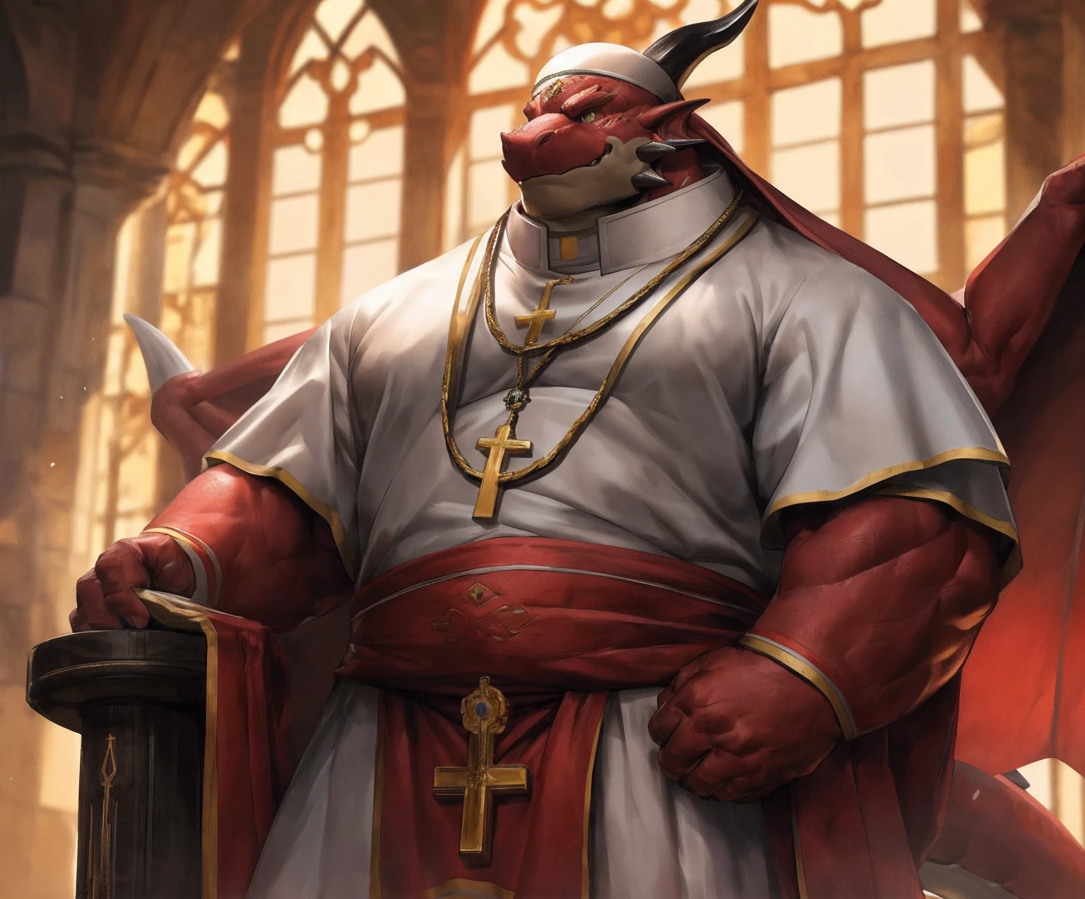 human nature, cannon, male, solitary, ((the strong,Handsome)), (dragon),((Traditional Catholic Pope outfit,西方dragondragon角)), standing,((Traditional Catholic style)),Hand in hand cross,high quality, (4K,high quality, high resolution, masterpiece), Front view (close up), cartoon,by lindong