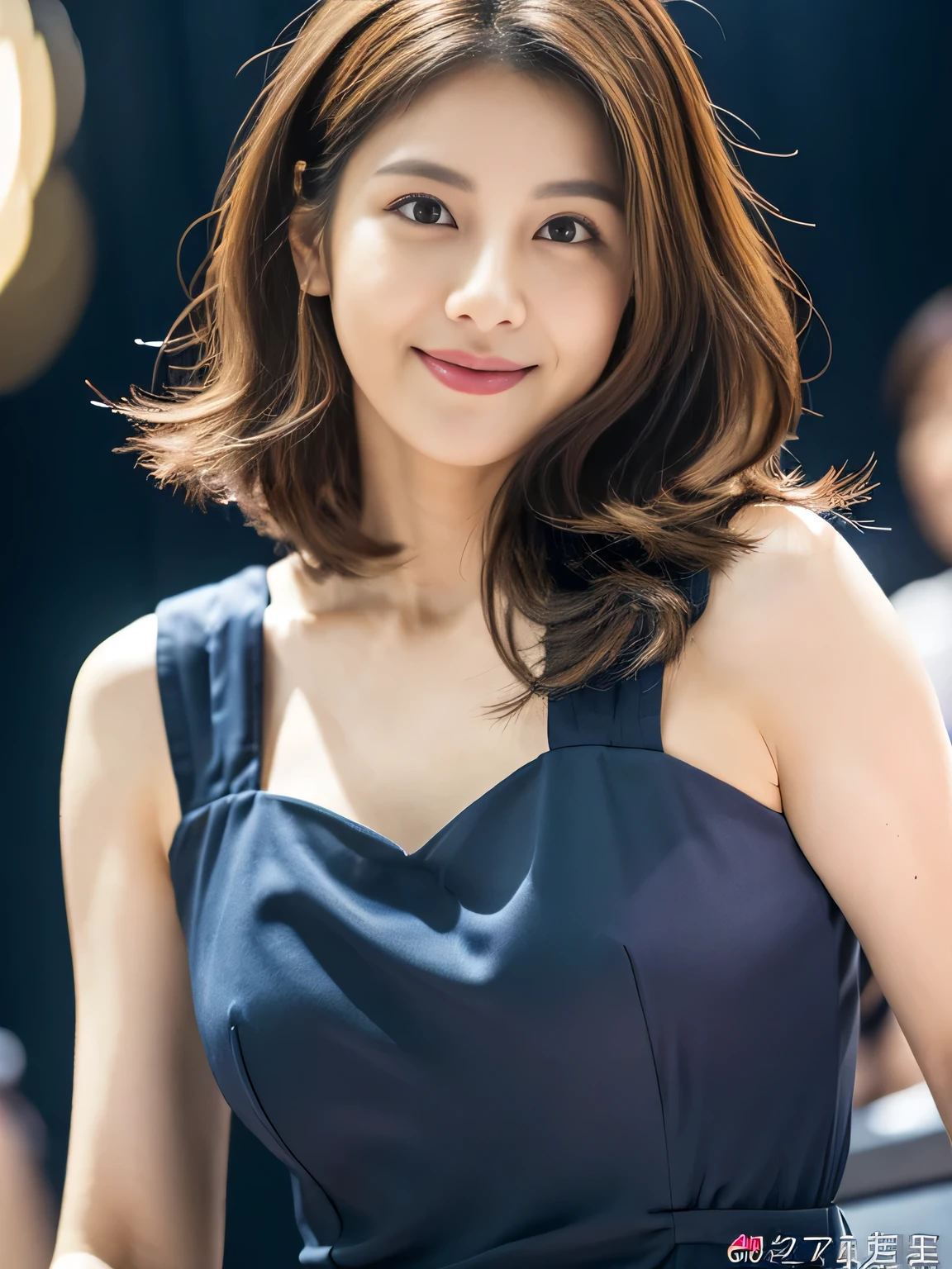 (RAW Photos), (Realistic), (masterpiece), (Highest quality), High resolution, 8K, (Intricate details), (Volumetric Light), Portraiture, woman, 30 years old, Medium Hair, The middle valley, Layered Hair, Brown Hair, Very beautiful eyes, Source order, Very thin eyebrows, Very fine skin, Very beautiful mouth, Very nice nose, Cute like an idol, smile, (Thick lips), (Looking at the audience), (Sexy and elegant navy blue see-through dress), (Full Body Shot), Randomly oriented bodies,