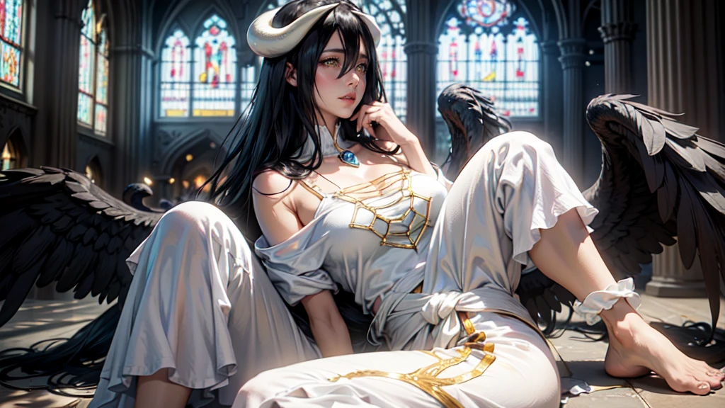 ((work of art)), ((best qualityer)), 1 girl (albedo_sovereign), (albedo from sovereign), Depth of field, cake:1.2, Waist slender, perfectbody, dynamic:1.2, realistic light, NVIDIA ray tracing, (((cinematic))), intricate, (cinematic shot), (ambient occlusion), particles, volumetric light, Ablaze, hight contrast, absolutely attractive, breathtaking, ((ultra detailed intricate cinematic background:1.2)), ((excited look:1.2, eye contact)), ((sitting on the floor in the Sanctuary:1.2)), (Stained glass windows behind her:1.2), Face ultra detailed, skin fair, ((beautiful face)), eyes slightly closed, (whitehorns), (large black wings on the back of the waist:1.2), (black hair long), ((yellow eyes)), (perfect hands, beautiful hands), (white clothes)
