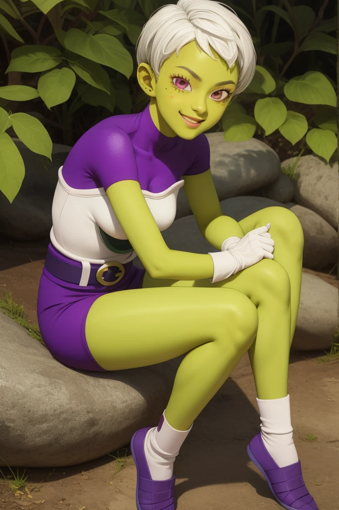 cheelai,1girl,solo,very short hair,pink eyes,white hair,(green skin:1.3),
white gloves,purple bodysuit,bodysuit,short sleeves,belt,saiyan armor,purple shorts,
smile,closed mouth,cowboy shot,sitting,
forest,outdoor,
(insanely detailed, beautiful detailed face, masterpiece, best quality) cinematic lighting,(((full body))).